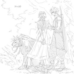 11mtri 1girl 2boys aerith_gainsborough animal armor belt boots braid buster_sword cloud_strife cropped_jacket dress falling_leaves final_fantasy final_fantasy_vii final_fantasy_vii_remake full_body gloves greyscale hair_ornament holding holding_map holding_weapon leaf long_dress long_hair map monochrome multiple_boys outdoors red_xiii shoulder_armor sketch sleeveless sleeveless_turtleneck spiked_hair square_enix staff suspenders tree turtleneck weapon weapon_on_back