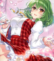 1girl :d artist_name ascot blush breasts buttons chacham cherry_blossoms commentary_request cowboy_shot falling_petals frilled_skirt frills green_hair green_nails holding holding_umbrella juliet_sleeves kazami_yuuka large_breasts long_sleeves looking_at_viewer marker_(medium) medium_hair multicolored_nails nail_polish open_clothes open_mouth open_vest orange_eyes parasol petals pink_nails pink_petals plaid_clothes plaid_vest puffy_sleeves red_skirt red_vest skirt smile solo touhou traditional_media twitter_username umbrella vest yellow_ascot