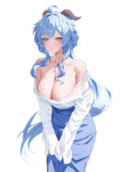 1girl absurdres ahoge alternate_costume bare_shoulders blue_hair blush breasts cleavage collarbone commentary ganyu_(genshin_impact) genshin_impact goat_horns hair_between_eyes highres horns katal large_breasts long_hair looking_at_viewer off_shoulder parted_lips purple_eyes simple_background sleeves_past_fingers sleeves_past_wrists solo very_long_hair white_background