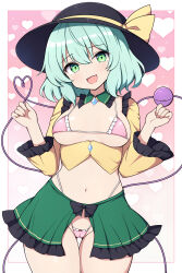 1girl :d aqua_hair black_hat bra breasts eyeball gradient_background green_eyes green_skirt hat heart heart_background heart_of_string highres komeiji_koishi looking_at_viewer medium_breasts open_mouth panties pink_background pink_bra pink_panties rizento short_hair skirt smile solo third_eye touhou underwear