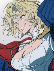1girl artist_name blonde_hair blue_eyes blue_gloves breasts cape cleavage_cutout clothing_cutout dc_comics gloves highres hokkemaruyaki large_breasts power_girl red_cape signature smile solo superhero_costume superman_(series) twitter_username