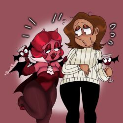 2girls bat_wings breasts brown_hair candice_(sweetiesenpai2) cape dark-skinned_female dark_skin fangs glass large_breasts leotard multiple_girls original pantyhose pizza_tower plump red_eyes red_hair red_lips relaxing short_hair sweetiesenpai2 tall_female vampire vampire_costume wings