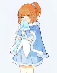 Rule 34 | 1girl, arle nadja, arle nadja (winter break), arm warmers, armor, blue arm warmers, blue cape, blue mittens, blue skirt, brown hair, cape, chest guard, commentary, covering own mouth, cowboy shot, fur-trimmed arm warmers, fur-trimmed cape, fur-trimmed skirt, fur trim, grey background, hands up, highres, lirio (nikori9), looking at viewer, mittens, open mouth, pom pom (clothes), ponytail, puyopuyo, puyopuyo quest, shirt, short ponytail, simple background, skirt, solo, standing, warming hands, white background, white shirt, winter clothes, yellow eyes