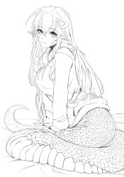 1girl absurdres bad_anatomy breasts drawfag fang greyscale hair_between_eyes hair_ornament highres lamia long_hair long_sleeves looking_at_viewer medium_breasts miia_(monster_musume) monochrome monster_girl monster_musume_no_iru_nichijou on_bed pointy_ears scales simple_background sitting sketch skin_fang sleeves_past_wrists slit_pupils smile solo unfinished very_long_hair