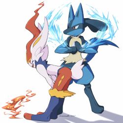 1boy 1other animal_ears animal_feet animal_hands artist_name ass aura bent_over black_fur blue_fur body_fur bright_pupils cinderace closed_mouth cracking_knuckles fire from_side furry furry_male gen_4_pokemon gen_8_pokemon hands_on_own_knees happy highres leaning_forward legs_apart lemonade_kokoi looking_to_the_side lucario multicolored_fur nintendo open_mouth own_hands_together pokemon pokemon_(creature) rabbit_ears rabbit_tail red_eyes red_fur red_hair short_hair sideways_mouth signature simple_background smile snout spikes tail teeth twitter_username white_background white_fur white_pupils wolf_boy wolf_ears wolf_tail yellow_fur