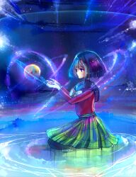 1girl bishoujo_senshi_sailor_moon black_hair black_pantyhose black_sailor_collar black_shirt blunt_ends bob_cut bow bowtie closed_mouth cloud commentary english_commentary expressionless eyelashes field full_body green_skirt high-waist_skirt highres izunichi kneeling layered_sleeves light_blush light_particles long_sleeves looking_at_object miniskirt mugen_gakuen_school_uniform night night_sky outstretched_arms pantyhose plaid_clothes plaid_skirt pleated_skirt pointy_nose purple_eyes red_shirt reflection reflective_water sailor_collar saturn_(planet) school_uniform shirt short_hair signature sitting_on_liquid skirt sky solo tomoe_hotaru turtleneck turtleneck_shirt white_bow white_bowtie