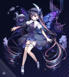 1girl :3 absurdly_long_hair absurdres black_hair book bug butterfly butterfly_wings commentary_request dress drill_hair feathers frills full_body hand_tattoo heart heart-shaped_pupils heart_o-ring heart_tattoo highres insect insect_wings karen_(navy_42) korean_commentary lips long_hair looking_at_viewer mixed-language_commentary monocle multicolored_hair o-ring open_book original pink_hair purple_eyes purple_theme shoes solo streaked_hair symbol-shaped_pupils tattoo thigh_strap two-tone_hair very_long_hair wings