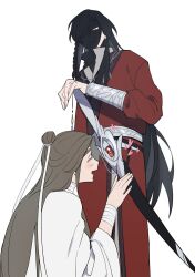 2boys bandaged_neck bandaged_wrist bandages black_hair blush bracelet braid brown_hair chinese_clothes closed_eyes collared_shirt eyepatch face_in_shadow hair_bun hair_over_one_eye hair_ribbon hanfu heart highres holding holding_sword holding_weapon hua_cheng jewelry long_hair long_sleeves looking_at_another manjuyawaraka multiple_boys necklace one_eye_covered open_mouth red_eyes red_hanfu ribbon scimitar sheath sheathed shirt side_braid silver_belt silver_bracelet silver_necklace simple_background single_braid single_hair_bun smile sword third-party_source tianguan_cifu very_long_hair weapon white_background white_hanfu white_ribbon xie_lian