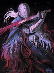 1boy artist_name black_background blood bloodborne bloody_crow_of_cainhurst cape chikage_(bloodborne) fur_cape gauntlets helm helmet highres holding holding_sword holding_weapon long_hair male_focus rashuu solo sword torn_cape torn_clothes twitter_username weapon white_hair