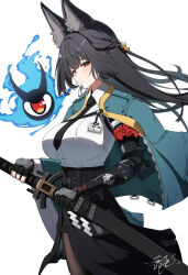 Rule 34 | 1girl, animal ear fluff, animal ears, aqua jacket, black hair, black necktie, black skirt, blunt bangs, breasts, collared shirt, commentary request, cowboy shot, eyeball, fingerless gloves, fox ears, fox girl, gloves, high-waist skirt, highres, holding, holding sword, holding weapon, hoshimi miyabi, jacket, katana, large breasts, long hair, necktie, open clothes, open jacket, red eyes, shionootsu, shirt, simple background, single fingerless glove, skirt, sword, tailless (zenless zone zero), weapon, white background, white shirt, zenless zone zero