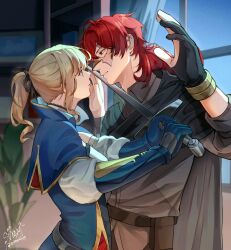 Rule 34 | 1boy, 1girl, alternate costume, asterrales, belt pouch, blonde hair, blue capelet, blue eyes, bow, cape, capelet, closed mouth, collared shirt, commentary, diluc (genshin impact), english commentary, eye mask, genshin impact, gloves, hair bow, hands up, highres, holding, holding sword, holding weapon, indoors, jean (genshin impact), long hair, looking at another, multicolored capelet, partially fingerless gloves, ponytail, pouch, red eyes, red hair, shirt, sidelocks, sword, twitter username, weapon, window