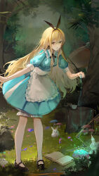 Rule 34 | 1girl, absurdres, alice&#039;s adventures in wonderland, alice (alice in wonderland), andoff, animal ear hairband, animal ears, apron, black shoes, blonde hair, blue dress, book, brown eyes, chinese commentary, commentary request, cup, dress, fake animal ears, forest, frilled apron, frilled dress, frills, full body, grass, hairband, highres, light particles, long hair, mary janes, nature, open book, open mouth, outdoors, pouring, rabbit, rabbit ear hairband, rabbit ears, rock, shoes, short sleeves, sidelocks, solo, standing, teacup, tree, white rabbit (animal), yellow eyes