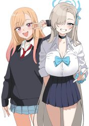 2girls absurdres black_sweater blonde_hair blue_archive blue_bow blue_bowtie blue_eyes blue_halo blue_skirt blush bow bowtie choker gradient_hair grin hair_ribbon halo highres kitagawa_marin long_hair looking_at_viewer multicolored_hair multiple_girls necktie open_mouth orange_hair pleated_skirt red_eyes red_necktie ribbon scrunchie shirt skirt smile sono_bisque_doll_wa_koi_wo_suru sweater thighs ushimochi v very_long_hair white_shirt wrist_scrunchie