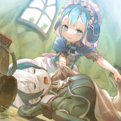 Rule 34 | 1boy, 1girl, age difference, artist name, black coat, black hair, blanket, blue capelet, blue corset, blue eyes, blue hair, breasts, capelet, center-flap bangs, closed mouth, coat, commentary request, corset, drooling, hair between eyes, indoors, large breasts, made in abyss, maid headdress, maruruk, mouth drool, multicolored hair, nyan5000, open mouth, ozen, short hair, short sleeves, sleeping, smile, trap, two-tone hair, whistle, whistle around neck, white hair
