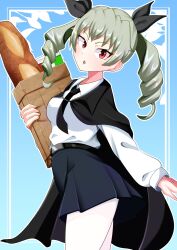 anchovy_(girls_und_panzer) anzio_school_uniform bag banareona black_cape black_ribbon blue_background bread cape drill_hair food girls_und_panzer green_hair hair_ribbon highres looking_at_viewer ribbon school_uniform shopping_bag thighhighs twin_drills white_thighhighs