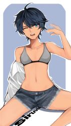 1girl afterimage ahoge alternate_costume bare_shoulders black_hair black_survival blue_background blue_eyes bra character_name collarbone commentary denim denim_shorts fanning fanning_face fanning_self grey_bra hair_between_eyes highres hot looking_at_viewer navel one_eye_closed open_mouth ranguage shadow shirt shirt_around_one_arm short_hair short_shorts shorts silvia_piquet sitting solo stomach sweat teeth two-tone_background underwear upper_teeth_only user_jkdf2484 white_background white_shirt