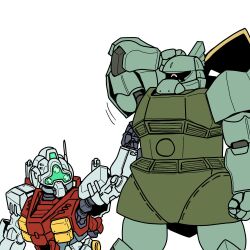 arm_behind_head arm_up assault_visor gelgoog gelgoog_(gquuuuuux) green_visor gundam gundam_gquuuuuux holding it&#039;s_not_you_sit_down kotojima_motoki mecha mecha_focus meme mobile_suit mobile_suit_gundam name_connection no_humans one-eyed robot scene_reference science_fiction shield simple_background white_background zeon