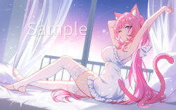 Rule 34 | 1girl, ;), animal ear fluff, animal ears, armpits, babydoll, blue eyes, breasts, cat ears, cat tail, chinese commentary, commentary request, curtains, elysia (honkai impact), euzh266, highres, honkai (series), honkai impact 3rd, large breasts, long hair, night, night sky, nightgown, on bed, one eye closed, pink hair, sample watermark, sitting, sky, smile, solo, stirrup legwear, stretching, tail, thighhighs, thighs, toeless legwear, toes, very long hair, watermark, white babydoll, white nightgown, white thighhighs, window
