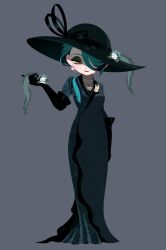 1girl 2boys ^_^ aqua_dress aqua_hair arm_at_side arm_fins asymmetrical_bangs black_hair blush closed_eyes deformed dress earrings eel_boy elbow_gloves eyeshadow facing_viewer fins floyd_leech frilled_dress frilled_shirt_collar frills full_body georgina_leech glitter_dress gloves green_eyeshadow grey_background hair_over_one_eye hair_over_shoulder haixindhua hand_up handkerchief hat hat_ribbon head_fins highres hobble_dress in_palm jade_leech jewelry lapels light_smile long_dress long_hair makeup mature_eyes mature_female mini_person miniboy mother_and_son multicolored_hair multiple_boys multiple_necklaces necklace no_lineart pearl_earrings pearl_necklace purple_eyeshadow purple_lips ribbed_shirt ribbon shawl_lapels shell shell_earrings shirt size_difference sparkle streaked_hair sun_hat twisted_wonderland yellow_eyes