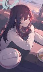 Rule 34 | 1girl, absurdres, bilibalakonglijiwa, black hair, blue archive, hard hat, hat, helmet, highres, long hair, long sleeves, looking at viewer, minori (blue archive), shirt, solo, unworn hat, unworn headwear, white hat, white shirt