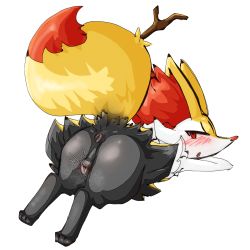1girl absurdres animal_ear_fluff animal_ears animal_feet animal_nose animal_pussy anus ass black_fur blush body_fur braixen canine_pussy feet female_focus fox_ears fox_girl fox_tail from_behind full_body furry furry_female gen_6_pokemon half-closed_eyes highres looking_at_viewer looking_back lying multicolored_fur nintendo on_stomach open_mouth pokemon pokemon_(creature) pussy pussy_juice red_eyes red_leopard sideways_mouth simple_background snout solo steam steaming_body stick tail tail_raised thick_thighs thighs white_background white_fur yellow_fur