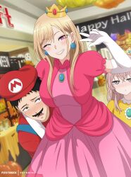 1boy 2girls ;d absurdres bad_id bad_twitter_id baseball_cap black_eyes black_hair blonde_hair blush breasts cosplay crown dress earrings elbow_gloves embarrassed eufoniuz gloves gojou_wakana grin hat highres indoors inui_sajuna jewelry kitagawa_marin large_breasts long_hair looking_at_another looking_at_viewer mall mario mario_(cosplay) mario_(series) multiple_girls nintendo one_eye_closed open_mouth pink_dress pink_eyes pink_hair pout princess_daisy princess_daisy_(cosplay) princess_peach princess_peach_(cosplay) raised_eyebrows red_headwear red_shirt shirt short_hair smile solo_focus sono_bisque_doll_wa_koi_wo_suru super_mario_bros._1 super_mario_land teeth the_super_mario_bros._movie white_gloves yellow_dress