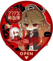 1boy 1girl ahoge black_coat blonde_hair blood buttons coat cowboy_shot don_quixote_(project_moon) fork gold_trim jacket kamisiro_sora la_manchaland&#039;s_don_quixote_(project_moon) lapels limbus_company long_hair long_sleeves mini_person miniboy notched_lapels pants parted_bangs project_moon sancho_(project_moon) stab very_long_hair white_jacket white_pants