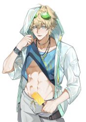 1boy 7881765683 abs ahoge animal_ears arknights blonde_hair blue_eyes blue_vest blush bracelet chinese_commentary collarbone commentary_request dog_boy dog_ears dog_tags eyewear_on_head food green-tinted_eyewear grey_shorts hair_between_eyes hand_up highres holding holding_food holding_popsicle hood hood_up hooded_jacket jacket jewelry male_focus messy_hair multiple_necklaces navel necklace open_clothes open_jacket open_mouth pocket popsicle pulling_own_clothes see-through_clothes see-through_sleeves shorts smile solo standing stomach string sunglasses sweat sweatdrop teeth tequila_(arknights) thigh_strap tinted_eyewear tongue vest white_background