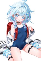 1girl 4kimizuki :d absurdres alternate_costume backpack bag black_choker blue_eyes blue_hair blue_one-piece_swimsuit blue_socks bow braid breasts choker commentary_request covered_navel earrings hair_bow hair_flaps hand_up heart heart_o-ring highres hololive hololive_dev_is jacket jewelry knees_out_of_frame lightning_ahoge long_hair looking_at_viewer loose_socks low_twin_braids mizumiya_su multicolored_hair no_pants o-ring o-ring_choker o-ring_thigh_strap one-piece_swimsuit open_clothes open_jacket open_mouth pink_hair randoseru red_bag school_swimsuit shoes simple_background sitting small_breasts smile socks solo streaked_hair striped_clothes striped_socks swimsuit thigh_strap twin_braids virtual_youtuber wariza white_background white_jacket white_sneakers