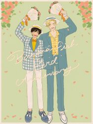 Rule 34 | 2boys, anniversary, ash lynx, banana fish, black hair, blonde hair, blue footwear, blue jacket, blue pants, bouquet, bow, bowtie, closed eyes, collared shirt, dress shoes, falling petals, flower, full body, green background, highres, holding, holding bouquet, jacket, light blush, male focus, multiple boys, okumura eiji, open mouth, pants, parted bangs, petals, pink flower, pink rose, plaid clothes, plaid jacket, plaid shirt, red bow, red bowtie, rose, shirt, smile, standing, white footwear, white pants, yellow eyes, yellow shirt, yu ru lull