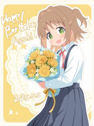 1girl :d black_skirt blush bouquet brown_hair character_name colored_inner_hair commentary dated fang flower green_eyes hair_intakes happy_birthday highres holding holding_bouquet long_sleeves looking_at_viewer multicolored_hair neck_ribbon oka_asahi onii-chan_wa_oshimai! open_mouth orange_hair outline red_ribbon ribbon school_uniform shirt short_hair simple_background skin_fang skirt smile solo star-shaped_pupils star_(symbol) suspender_skirt suspenders symbol-shaped_pupils two-tone_hair two_side_up unkimo white_outline white_shirt yellow_background
