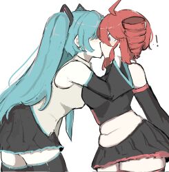 2girls aqua_hair black_sleeves breasts drill_hair fatass_teto_(meme) grey_shirt hatsune_miku highres kasane_teto large_breasts long_hair m3link meme midriff multiple_girls navel plump red_eyes red_hair shirt skirt sleeveless thighhighs twin_drills twintails very_long_hair vocaloid wide_hips yuri