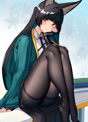 1girl absurdres animal_ear_fluff animal_ears black_gloves black_hair black_necktie black_pantyhose blunt_bangs blush closed_mouth desk dress_shirt fingerless_gloves fox_ears fox_girl gloves green_jacket highres hoshimi_miyabi jacket long_hair looking_at_viewer necktie nicchi no_shoes on_desk pantyhose red_eyes shirt sitting solo thighs white_shirt zenless_zone_zero