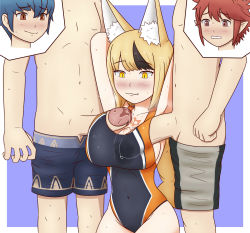 1girl 2boys :3 absurdres animal_ear_fluff animal_ears arms_up black_hair blonde_hair blue_hair blue_male_swimwear blue_one-piece_swimsuit blue_swim_trunks blush breasts clenched_teeth competition_swimsuit covered_navel cowboy_shot erection fang feet_out_of_frame fire_emblem fire_emblem_fates fox_ears fox_tail framed frottage grey_male_swimwear grey_swim_trunks group_sex happy head_out_of_frame highres male_kana_(fire_emblem) kiragi_(fire_emblem) large_breasts leud male_pubic_hair male_swimwear male_swimwear_pull mmf_threesome multicolored_hair multicolored_male_swimwear multicolored_one-piece_swimsuit multicolored_swim_trunks multiple_boys nintendo one-piece_swimsuit orange_male_swimwear orange_one-piece_swimsuit orange_swim_trunks penis penis_under_another&#039;s_clothes pointy_ears precum precum_stain precum_through_clothes pubic_hair red_eyes red_hair selkie_(fire_emblem) smile sparse_pubic_hair stain stained_swimsuit sweat swim_trunks swim_trunks_pull swimsuit tail teeth threesome two-tone_hair wet wet_clothes wet_swimsuit