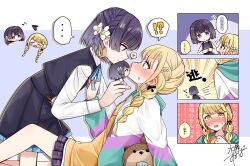 !? ... 2girls black_skirt black_vest blonde_hair blush braid character_doll closed_mouth commentary doll eighth_note fang flower fujita_kotone gakuen_idolmaster h77kobato hair_flower hair_ornament hairclip hataya_misuzu highres idolmaster jacket multiple_girls musical_note open_mouth pleated_skirt purple_eyes purple_hair purple_skirt shirt skirt smile spoken_ellipsis spoken_interrobang squiggle sweatdrop twin_braids vest white_flower white_jacket white_shirt yellow_eyes yellow_shirt yuri