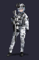 1girl absurdres black-framed_eyewear black_background black_boots black_gloves boots camouflage camouflage_helmet camouflage_pants camouflage_shirt combat_helmet commentary commission english_commentary full_body glasses gloves grey_hair gun helmet highres holding holding_gun holding_weapon long_sleeves military_combat_uniform military_fatigues military_uniform original pants pixiv_commission purple_eyes rynn_(rynn_cube) scope shirt short_hair simple_background snow_camouflage solo standing sweden swedish_army walkie-talkie weapon