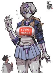 Rule 34 | 1boy, 1girl, artist name, commentary, english commentary, highres, mecha, mechanical skirt, mechanization, oatmegaplus, open hand, purple eyes, robot, sakurai shin&#039;ichi, size difference, sugoi dekai, uzaki-chan wa asobitai!, uzaki hana, waving, white background