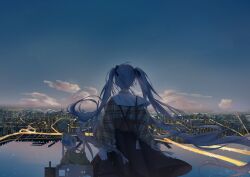 1girl absurdres black_dress dress evening hatsune_miku highres jakey39miku night scenery sky twilight twintails vocaloid