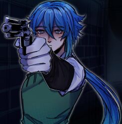 1boy aqua_hair black_long_sleeve_shirt black_slacks blue_eyes gloves green_sweater-vest hyugo_sugimoto_(the_kid_at_the_back) long_rat_tail looking_at_viewer middle_strand optional_gloves oval_face shaggy_hair short_hair side_bangs smile solo the_kid_at_the_back thin_lips university_uniform white_button_up yandere_visual_novel
