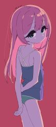 1girl absurdres bare_arms bare_shoulders blush bouen closed_mouth dress green_eyes highres long_hair looking_at_viewer looking_back original pink_background pink_hair red_background simple_background sleeveless sleeveless_dress smile solo standing