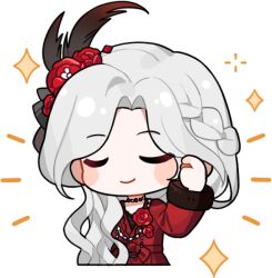 Rule 34 | 1girl, adjusting hair, artist request, bead choker, bead necklace, beads, blush stickers, braid, brooch, chibi, closed eyes, closed mouth, cropped legs, dress, feather hair ornament, feathers, flower, flower brooch, fur-trimmed sleeves, fur trim, hair flower, hair ornament, hair over shoulder, half up half down braid, happy, infinity nikki, jewelry, long hair, long sleeves, necklace, nikki (series), notice lines, official art, red dress, red flower, red rose, rose, rosy reverie (infinity nikki), smile, solo, sparkle, transparent background, wavy hair, white hair