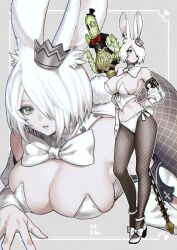 1girl animal_ears arm_behind_back armpits breasts cleavage closed_mouth crown daburyu detached_sleeves earrings final_fantasy final_fantasy_xiv fishnet_pantyhose fishnets full_body green_eyes hair_over_one_eye highres jewelry large_breasts leotard lips looking_at_viewer looking_to_the_side midriff mini_crown multiple_views navel neck_ribbon open_mouth panties pantyhose playboy_bunny rabbit_ears rabbit_tail ribbon sabotender shoes short_hair single_earring tail underwear viera warrior_of_light_(ff14) weapon weapon_on_back white_hair white_leotard white_panties white_ribbon white_shoes