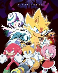 2girls 4boys :o amy_rose animal_ears animal_nose aqua_eyes artist_name blue_eyes bracelet clenched_hand clenched_hands clenched_teeth closed_mouth commentary copyright_name corrupted_twitter_file dr._eggman dress electricity energy english_commentary eyelashes facial_hair fox_ears fox_tail frown furry furry_female furry_male glitch gloves goggles goggles_on_head gold_bracelet green_eyes greenshell123 gun hair_over_one_eye hairband hammer hands_up highres holding holding_gun holding_hammer holding_weapon jacket jewelry knuckles_the_echidna long_sleeves looking_at_viewer multicolored_hair multiple_boys multiple_girls mustache one_eye_covered open_mouth outstretched_arm purple_eyes red_dress red_footwear red_hairband red_jacket sage_(sonic) shaded_face shoes short_hair silhouette sleeveless sleeveless_dress slit_pupils smile smirk sonic_(series) sonic_frontiers sonic_the_hedgehog streaked_hair super_sonic super_sonic_2 swept_bangs tail tails_(sonic) teeth toy_hammer v-shaped_eyebrows weapon white_dress white_gloves white_hair zipper