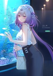 Rule 34 | 1girl, alternate costume, aquarium, bag, black skirt, breasts, castorice (honkai: star rail), commentary request, fanbox username, flower, gradient hair, grey hair, hair flower, hair ornament, hair ribbon, highres, honkai: star rail, honkai (series), leaning forward, long hair, looking at viewer, looking to the side, medium breasts, multicolored hair, pointy ears, purple hair, purple ribbon, reflection, ribbon, shirt, shirt tucked in, shoulder bag, shrimp cake, skirt, sleeveless, sleeveless shirt, smile, solo, twintails, two-tone hair, white shirt
