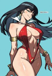 1girl absurdres aqua_background bat_earrings black_hair blue_eyes bracelet breasts collar earrings gold_armlet gold_bracelet highres jewelry komatsuki_n large_breasts long_hair looking_at_viewer red_slingshot_swimsuit slingshot_swimsuit solo swimsuit twitter_username vampirella vampirella_(character) white_collar