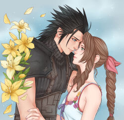 1boy 1girl aerith_gainsborough armor armpit_crease bare_shoulders black_hair black_sweater blue_eyes blush braid braided_ponytail breasts brown_hair closed_mouth commentary couple crisis_core_final_fantasy_vii crylin6 dress drill_hair drill_sidelocks english_commentary final_fantasy final_fantasy_vii flower forehead-to-forehead from_side green_eyes hair_ribbon hand_on_another&#039;s_arm heads_together height_difference highres looking_at_another parted_lips pink_lips pink_ribbon ponytail profile ribbed_sweater ribbon shoulder_armor sidelocks sleeveless sleeveless_dress sleeveless_turtleneck small_breasts spiked_hair suspenders sweater turtleneck turtleneck_sweater upper_body white_dress yellow_flower zack_fair