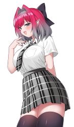 1girl alternate_hairstyle baobhan_sith_(fate) black_thighhighs blush breasts fangs fate/grand_order fate_(series) grey_eyes grey_necktie grey_skirt hair_ribbon hand_up highres hoshino_reiji large_breasts looking_at_viewer necktie open_mouth pink_hair pointy_ears ribbon short_hair skirt smile solo thighhighs white_background