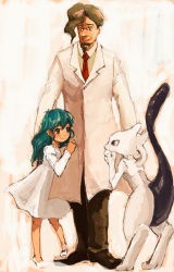 1boy 1girl aged_down amber_(pokemon) ambertwo_(pokemon) brown_eyes brown_hair closed_eyes dress facial_hair faux_traditional_media fuji_(pokemon) ga-co gen_1_pokemon glasses goatee green_hair lab_coat legendary_pokemon mewtwo necktie nintendo pokemon pokemon:_the_first_movie_-_mewtwo_strikes_back pokemon_(anime) pokemon_(classic_anime) pokemon_(creature) simple_background smile speed_painting