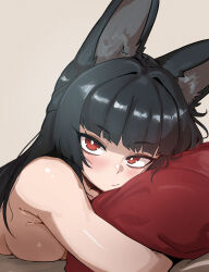 1girl animal_ear_fluff animal_ears black_hair blunt_bangs blush closed_mouth fox_ears fox_girl highres hoshimi_miyabi long_hair looking_at_viewer lying otakami999 pillow red_eyes sidelocks simple_background solo topless_female upper_body zenless_zone_zero