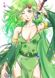 1girl aqua_eyes bare_shoulders breasts cape cleavage colored_eyelashes cowboy_shot detached_sleeves dress earrings final_fantasy final_fantasy_iv green_cape green_dress green_eyes hair_ornament heart jewelry lace-up_sleeves long_hair medium_breasts one_eye_closed parted_bangs pelvic_curtain puckered_lips rydia_(ff4) sa_kichi solo star_(symbol) star_earrings white_background wide_sleeves